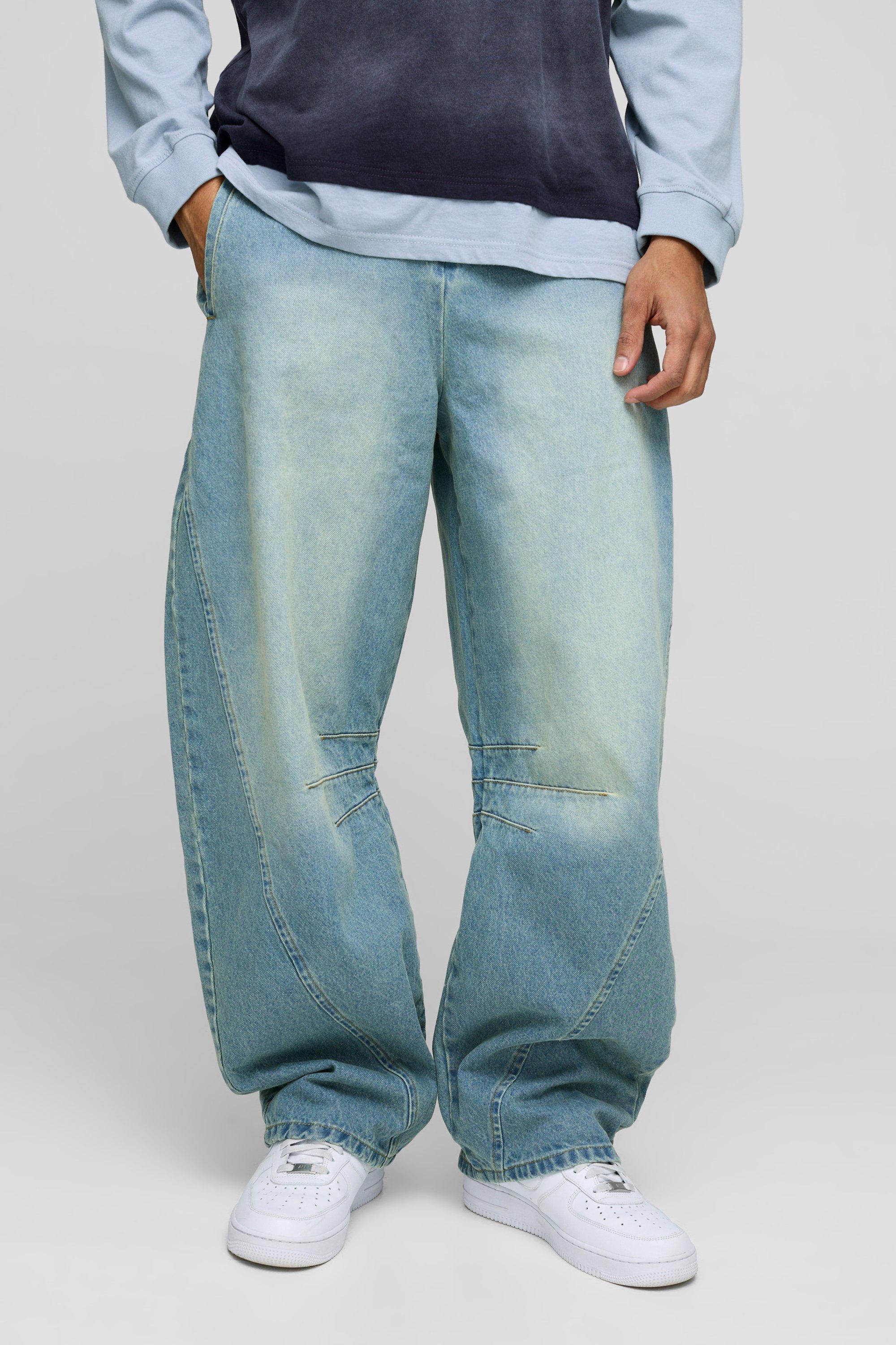 Super Baggy Blue Washed Paneled Jeans | boohooMAN USA